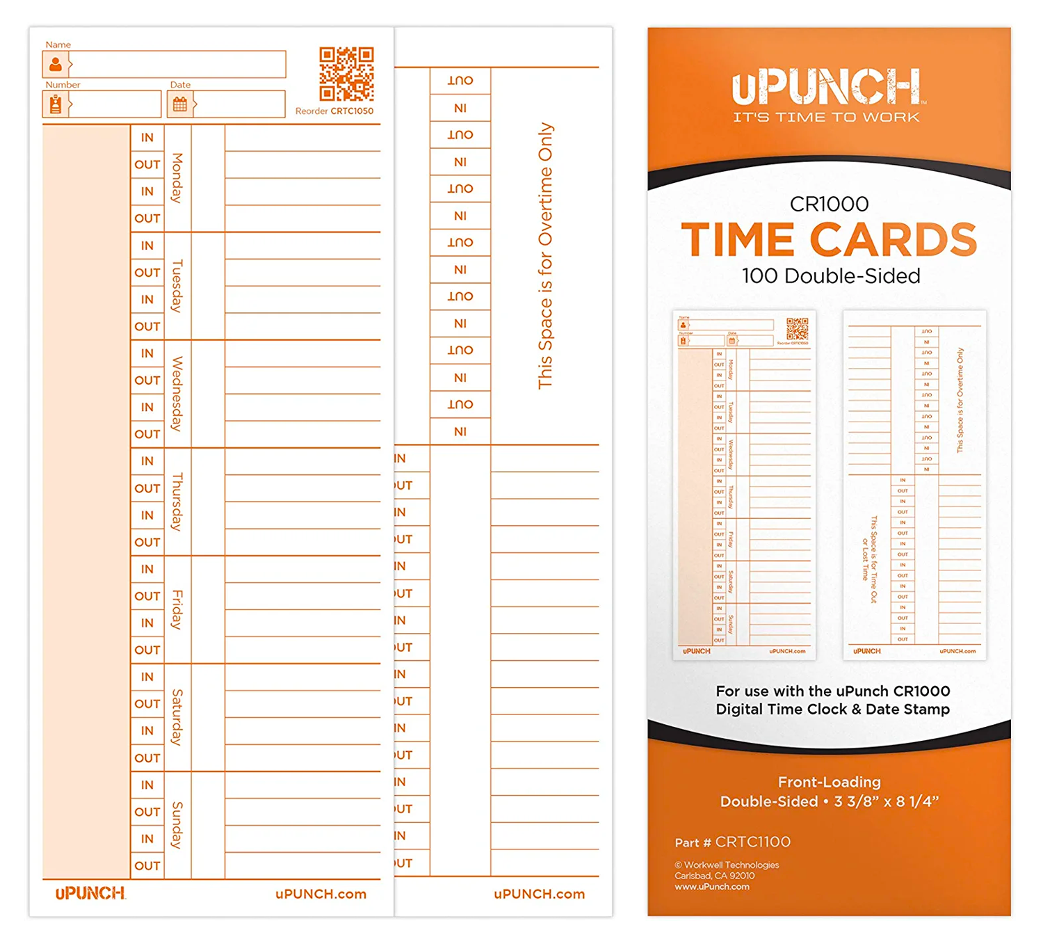 uPunch CRTC1100 Time Cards for CR1000, 100 Pack