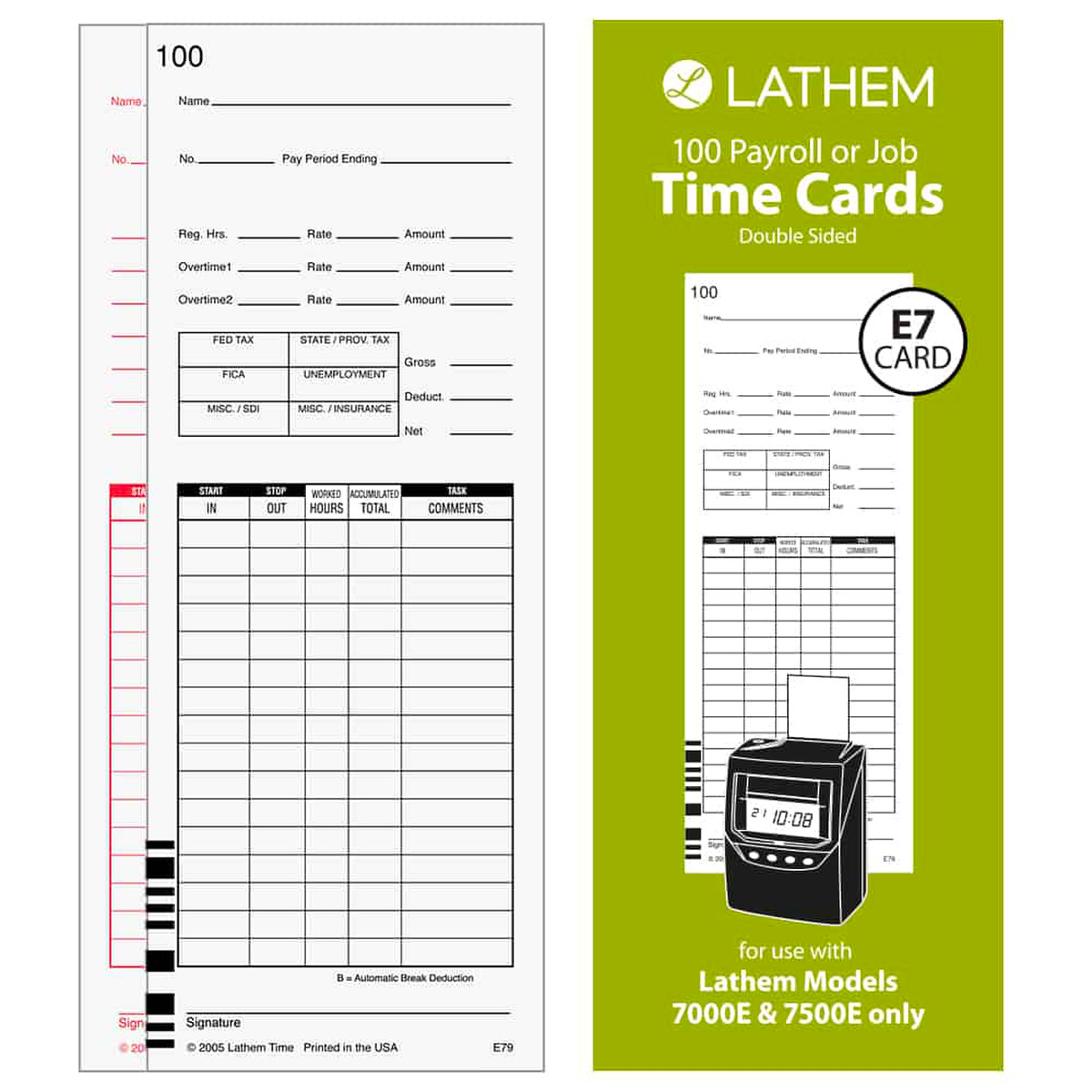 Lathem E79-100 Time Cards for 7500E, 9in High