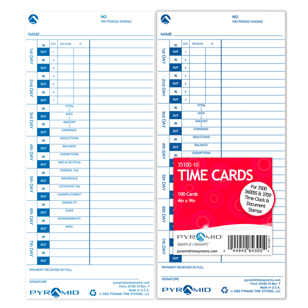 Pyramid 35100-10 Time Cards for 3000 Series Time Clocks, 100 Pack