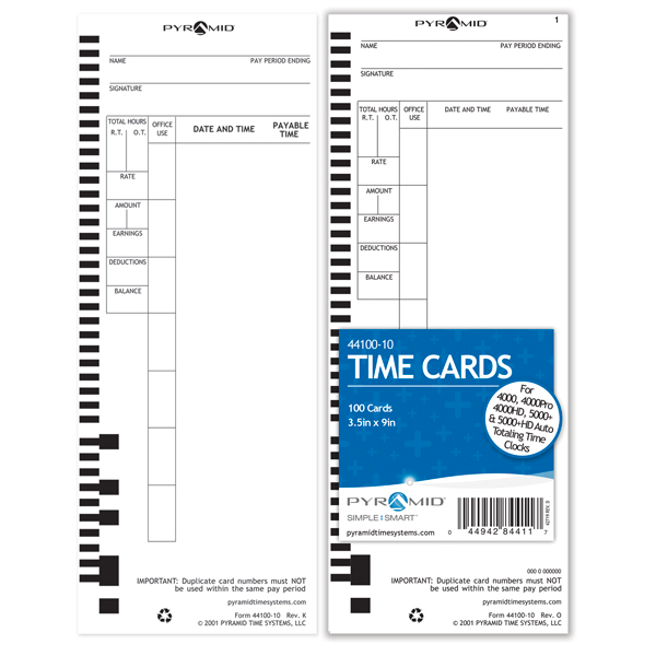 Pyramid 44100-10 Time Cards for 4000 and 5000 Series Calculating Time Clocks, 100 Pack