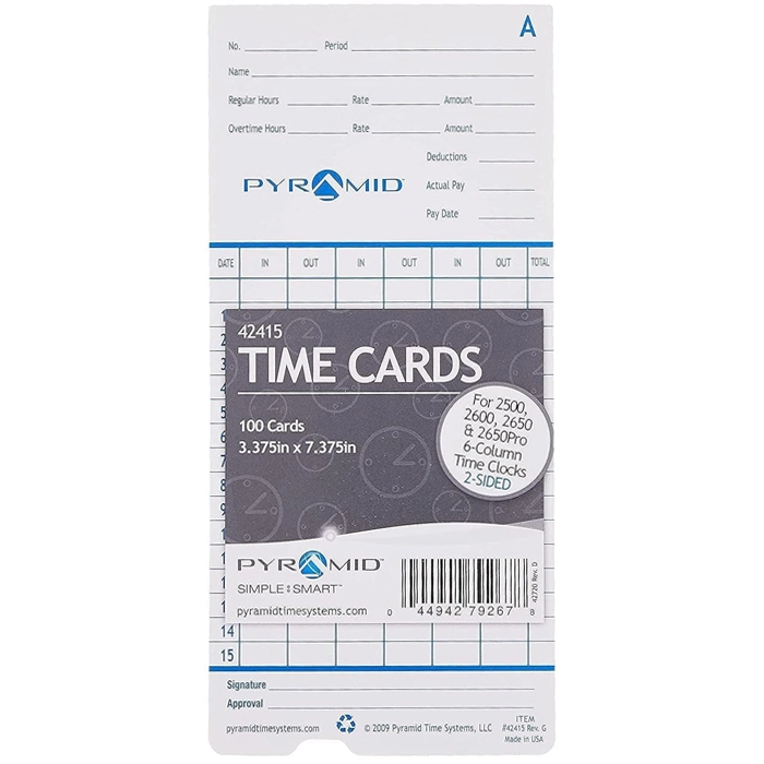 100 Time Cards for Pyramid 2500, 2600 or 2650 Time Clocks