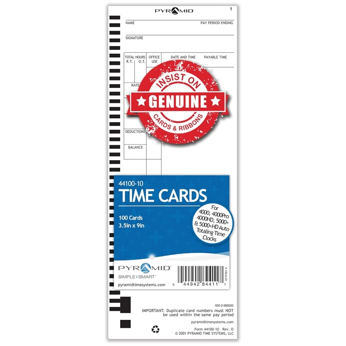 100 Time Cards for Pyramid 4000 and 5000 Series Time Clocks